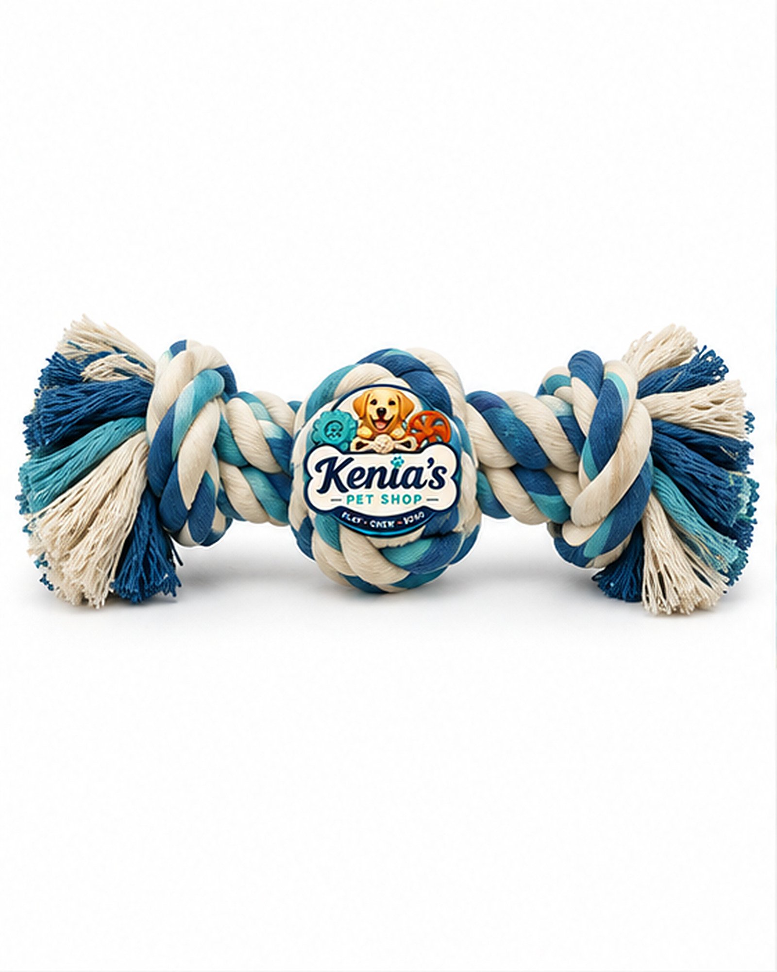 Kenia’s Pet Shop Dog Rope Tug Toy with Knotted Ball - Blue and Cream