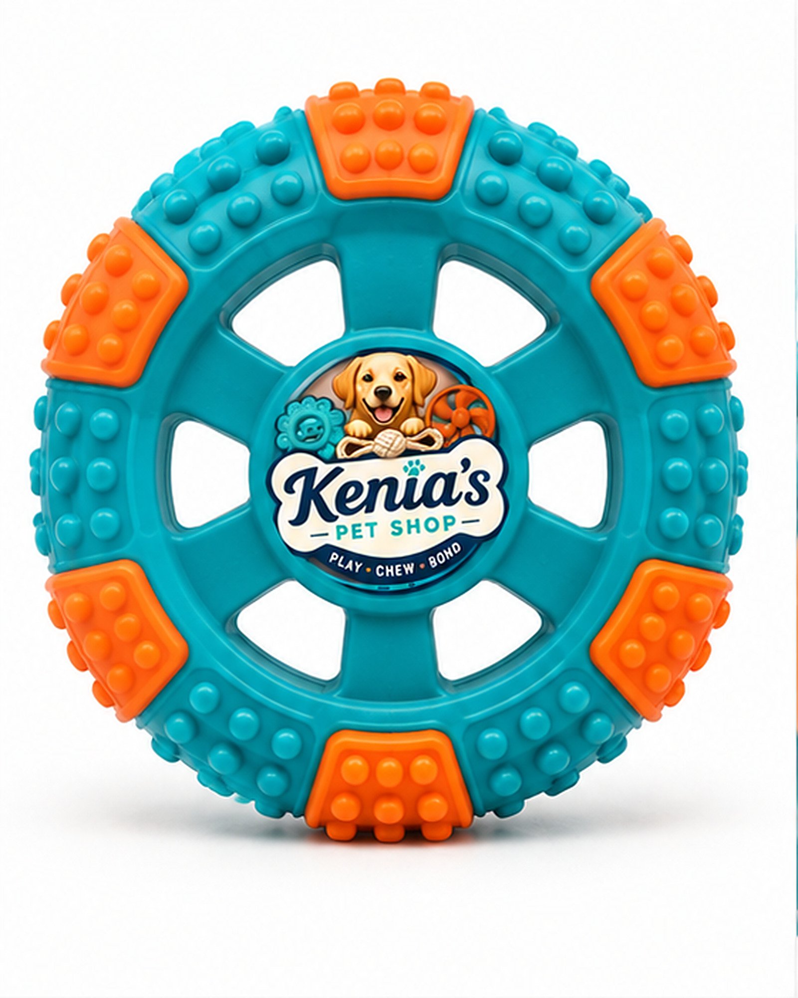 Kenia’s Pet Shop Tire-Shaped Dog Chew Toy - Teal and Orange