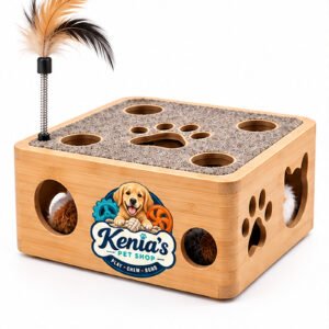 Kenia’s Pet Shop Interactive Cat Play Box with Feather Teaser - Natural Wood Tone