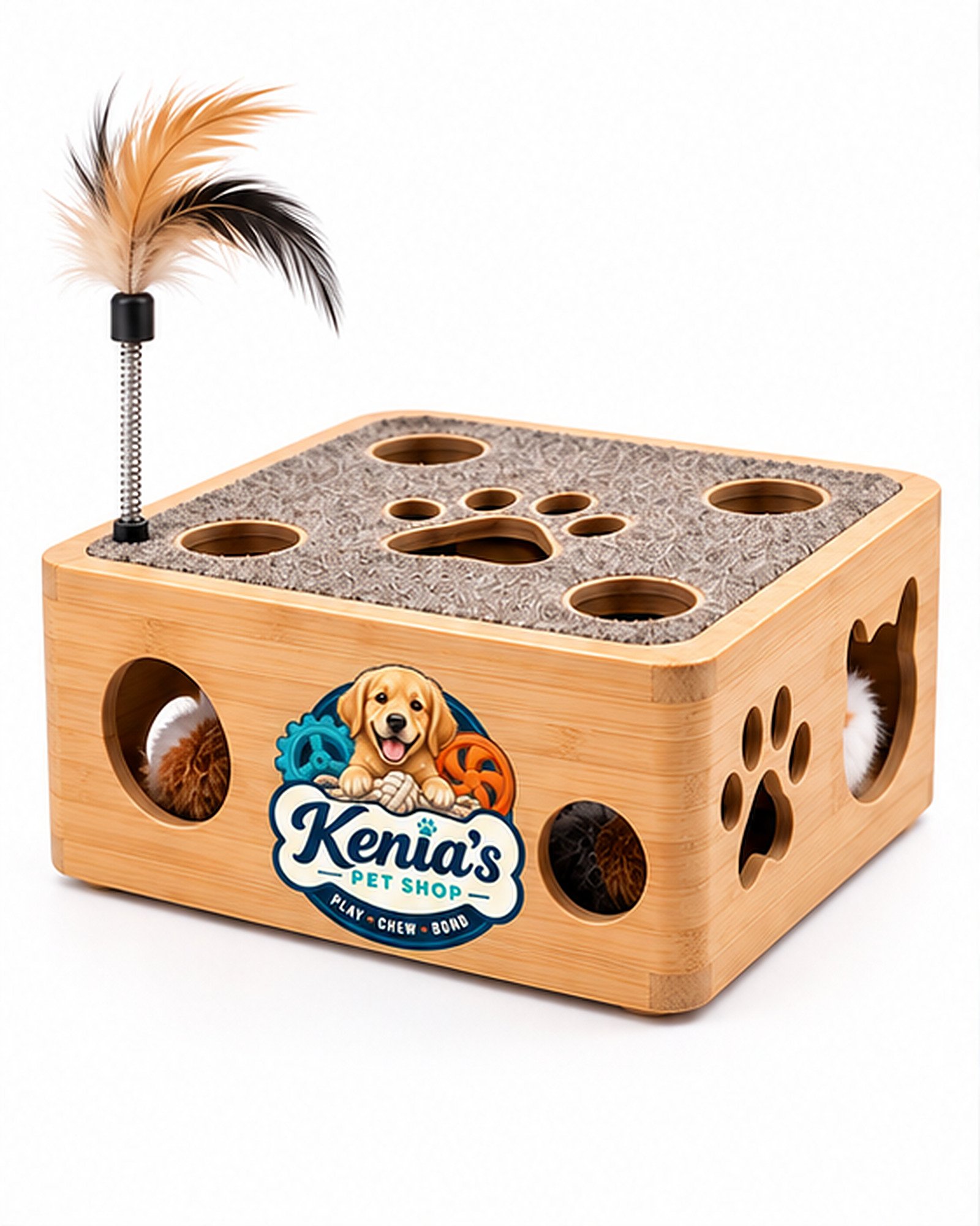 Kenia’s Pet Shop Interactive Cat Play Box with Feather Teaser - Natural Wood Tone