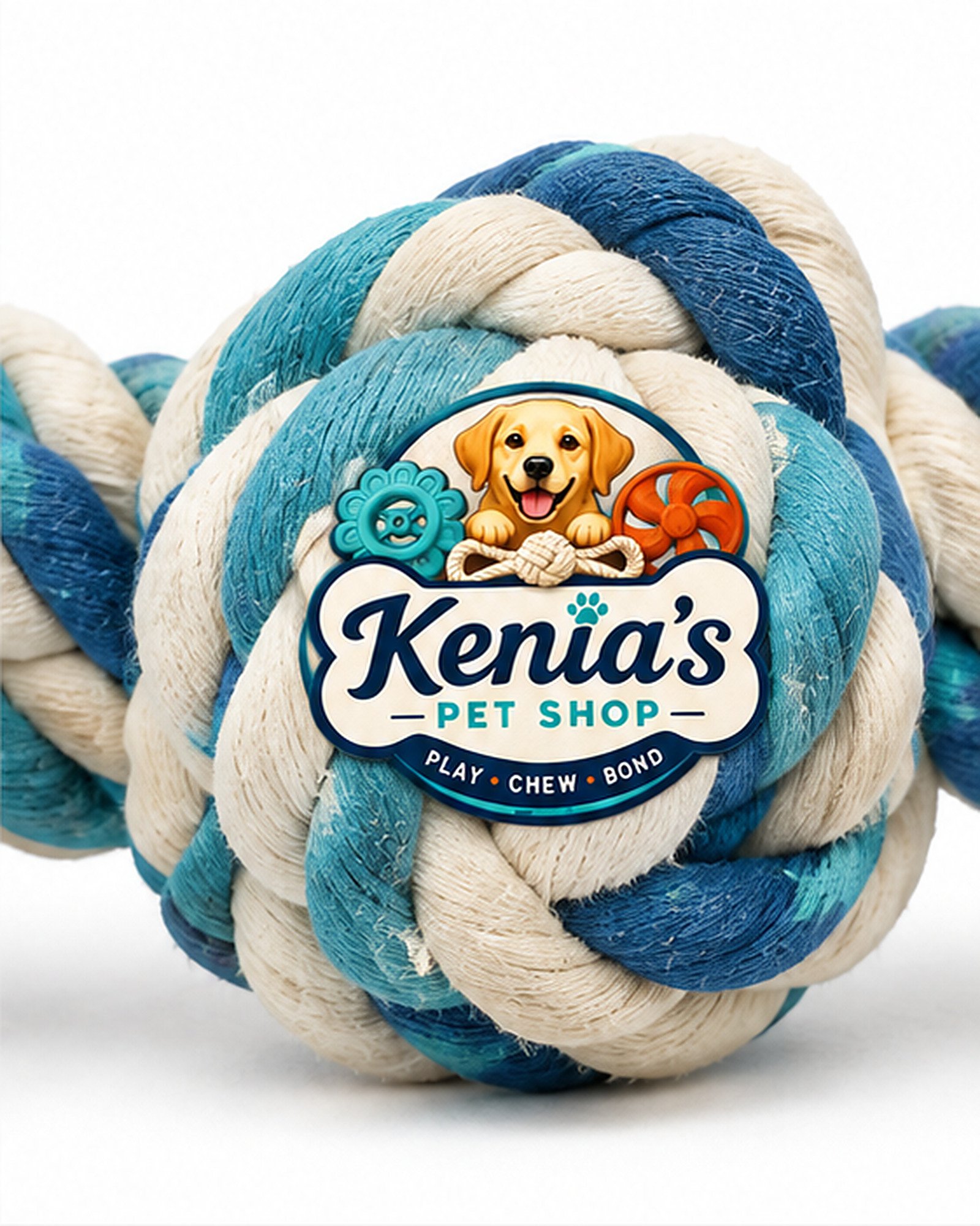 Kenia’s Pet Shop Dog Rope Tug Toy with Knotted Ball - Blue and Cream - Image 2