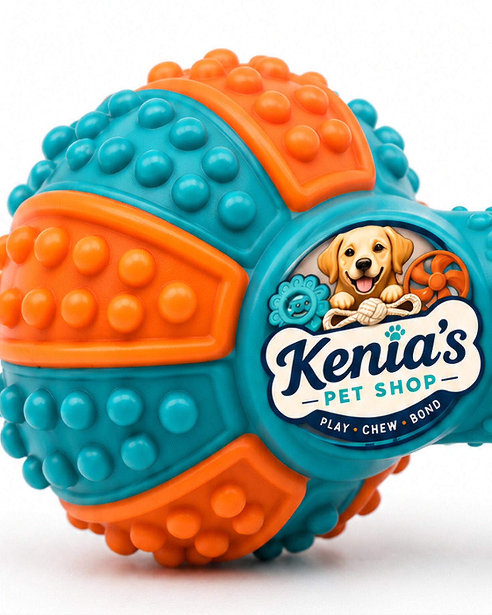 Kenia’s Pet Shop Textured Dumbbell Dog Chew Toy - Teal and Orange - Image 2