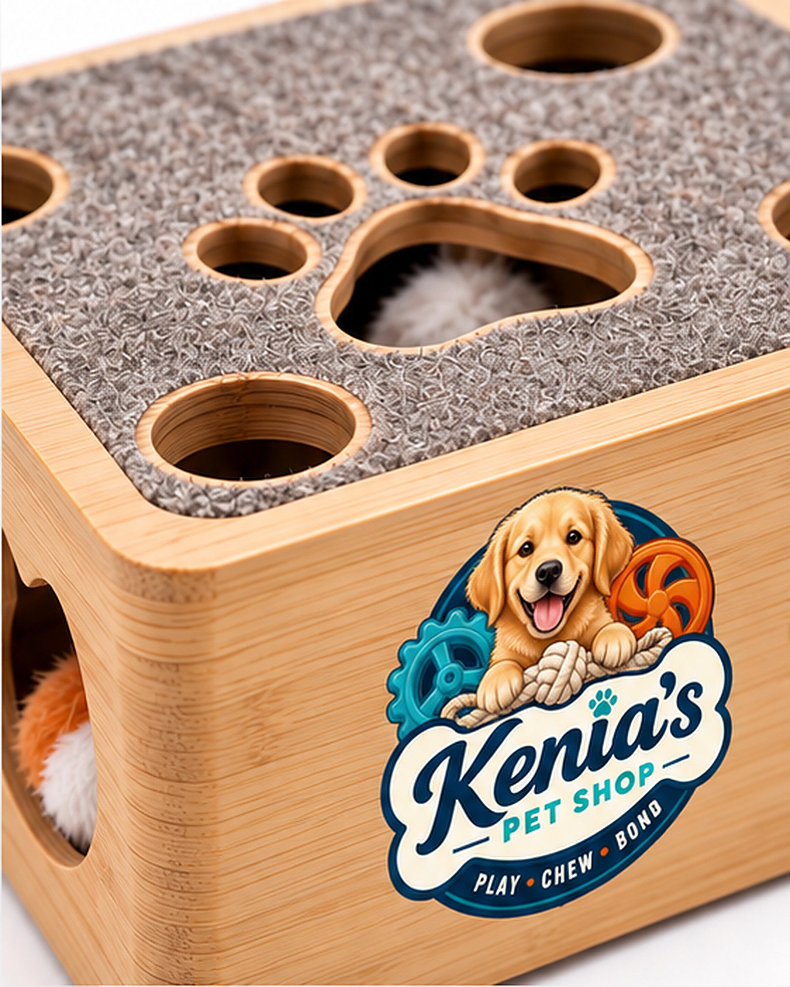 Kenia’s Pet Shop Interactive Cat Play Box with Feather Teaser - Natural Wood Tone - Image 2