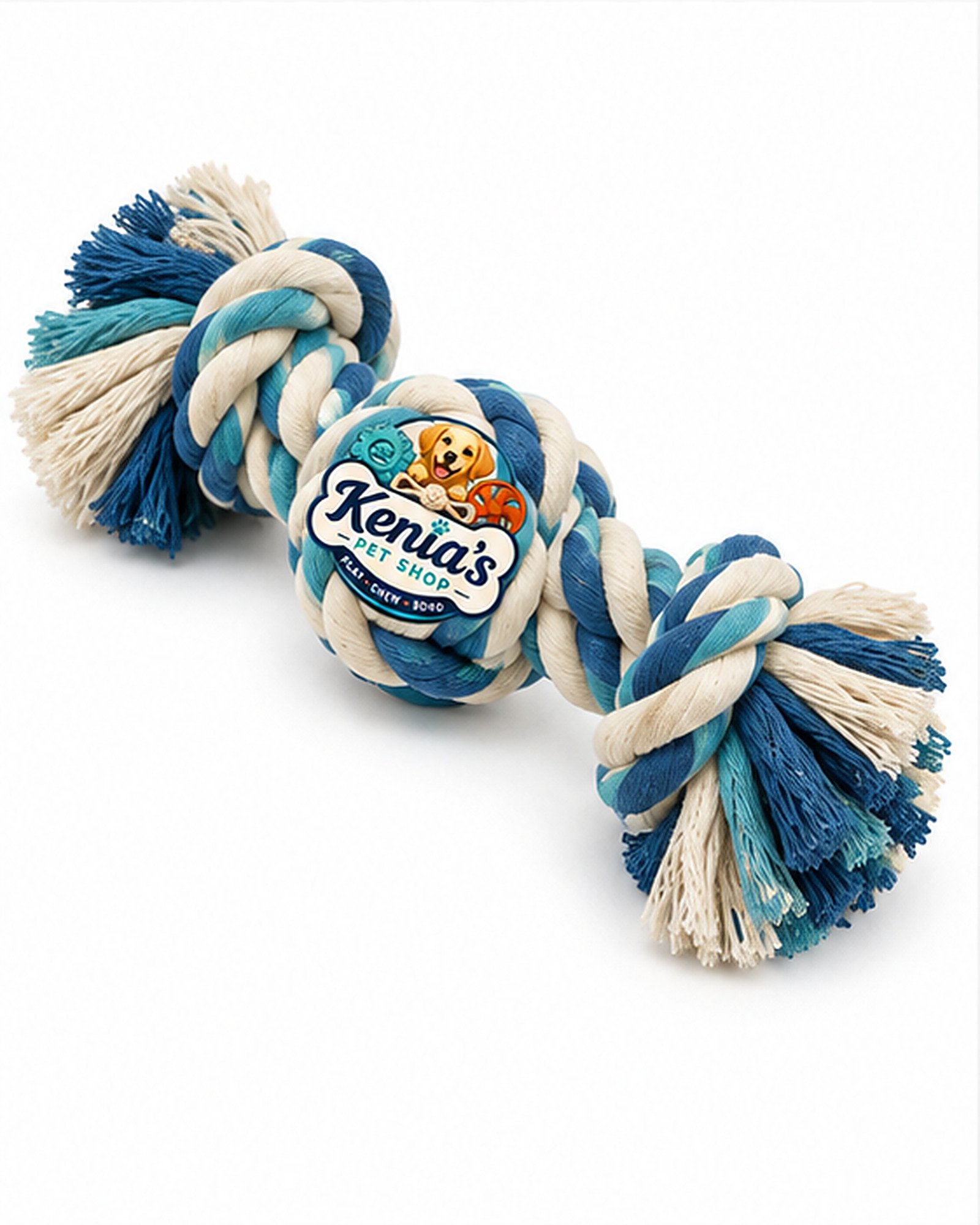 Kenia’s Pet Shop Dog Rope Tug Toy with Knotted Ball - Blue and Cream - Image 3