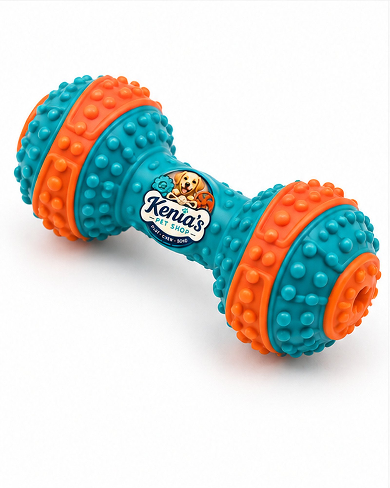 Kenia’s Pet Shop Textured Dumbbell Dog Chew Toy - Teal and Orange - Image 3