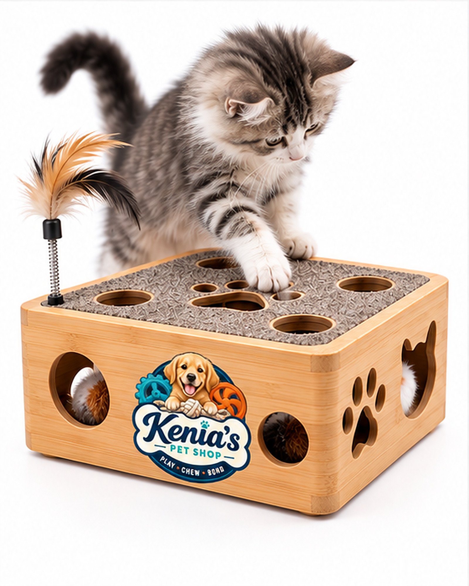 Kenia’s Pet Shop Interactive Cat Play Box with Feather Teaser - Natural Wood Tone - Image 3