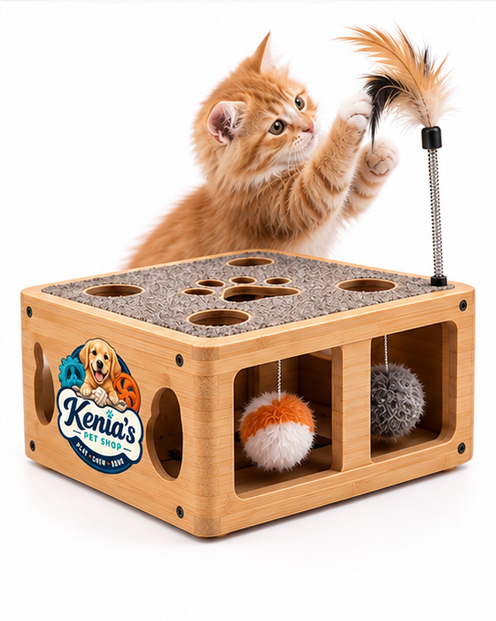 Kenia’s Pet Shop Interactive Cat Play Box with Feather Teaser - Natural Wood Tone - Image 4