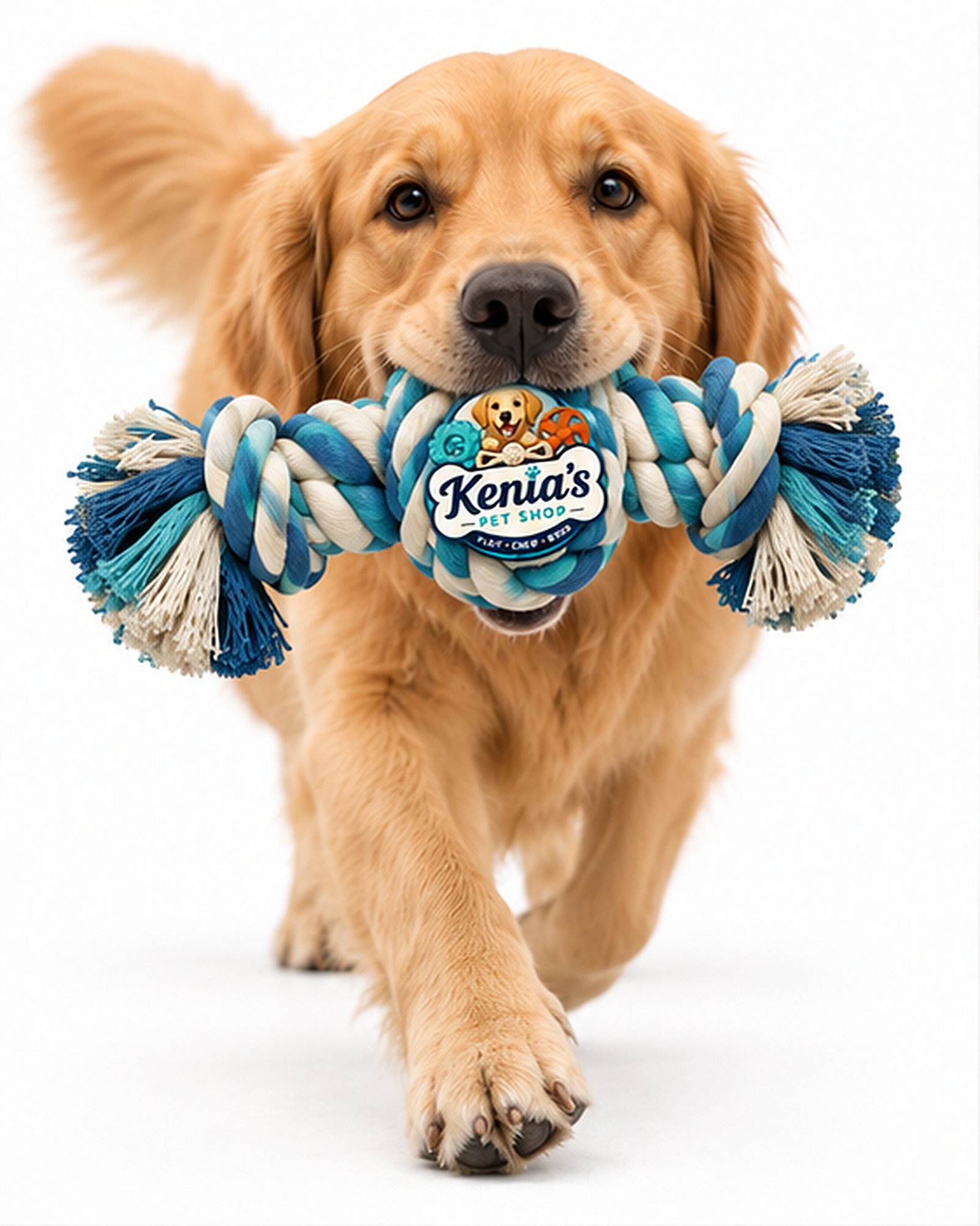 Kenia’s Pet Shop Dog Rope Tug Toy with Knotted Ball - Blue and Cream - Image 5