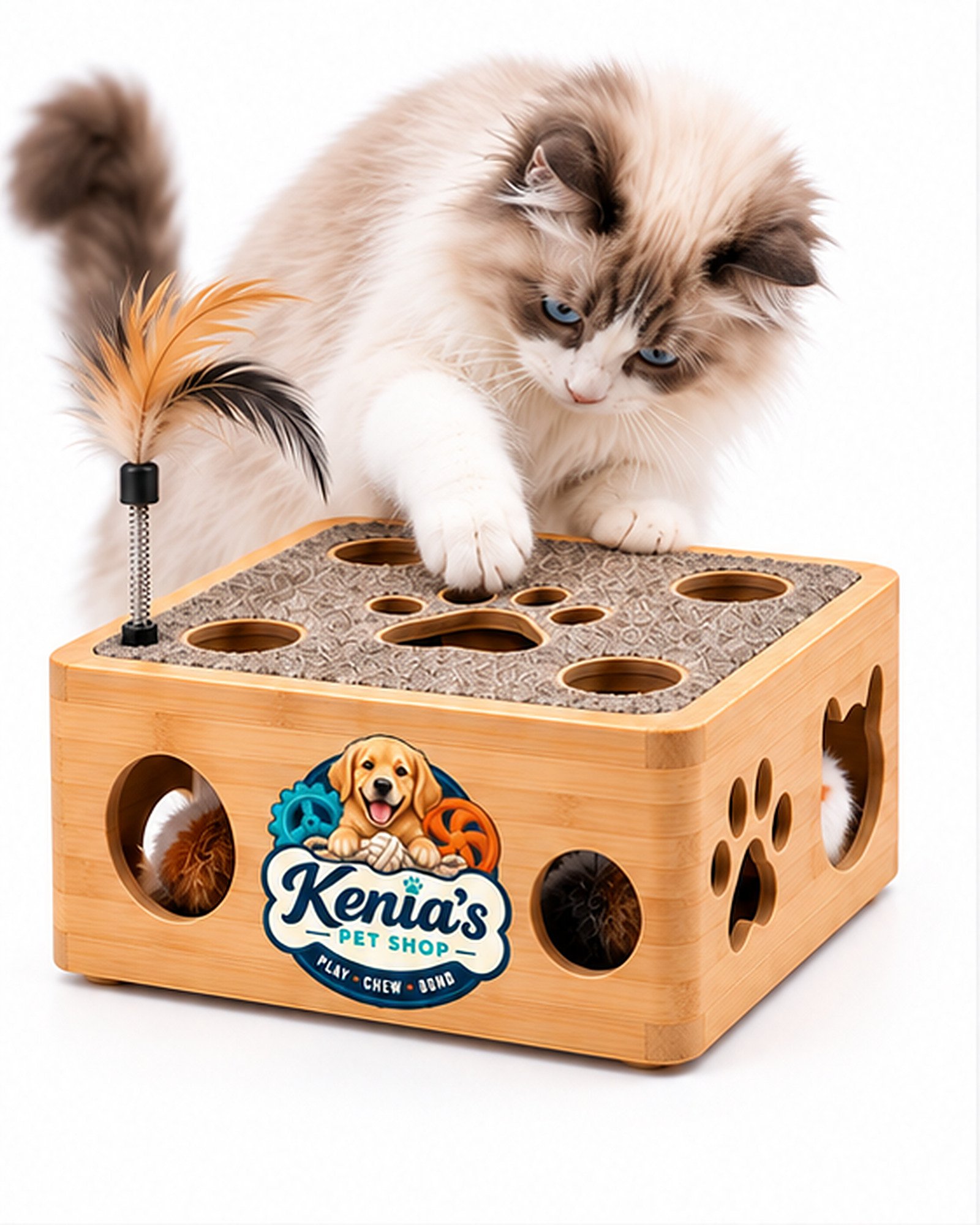 Kenia’s Pet Shop Interactive Cat Play Box with Feather Teaser - Natural Wood Tone - Image 5