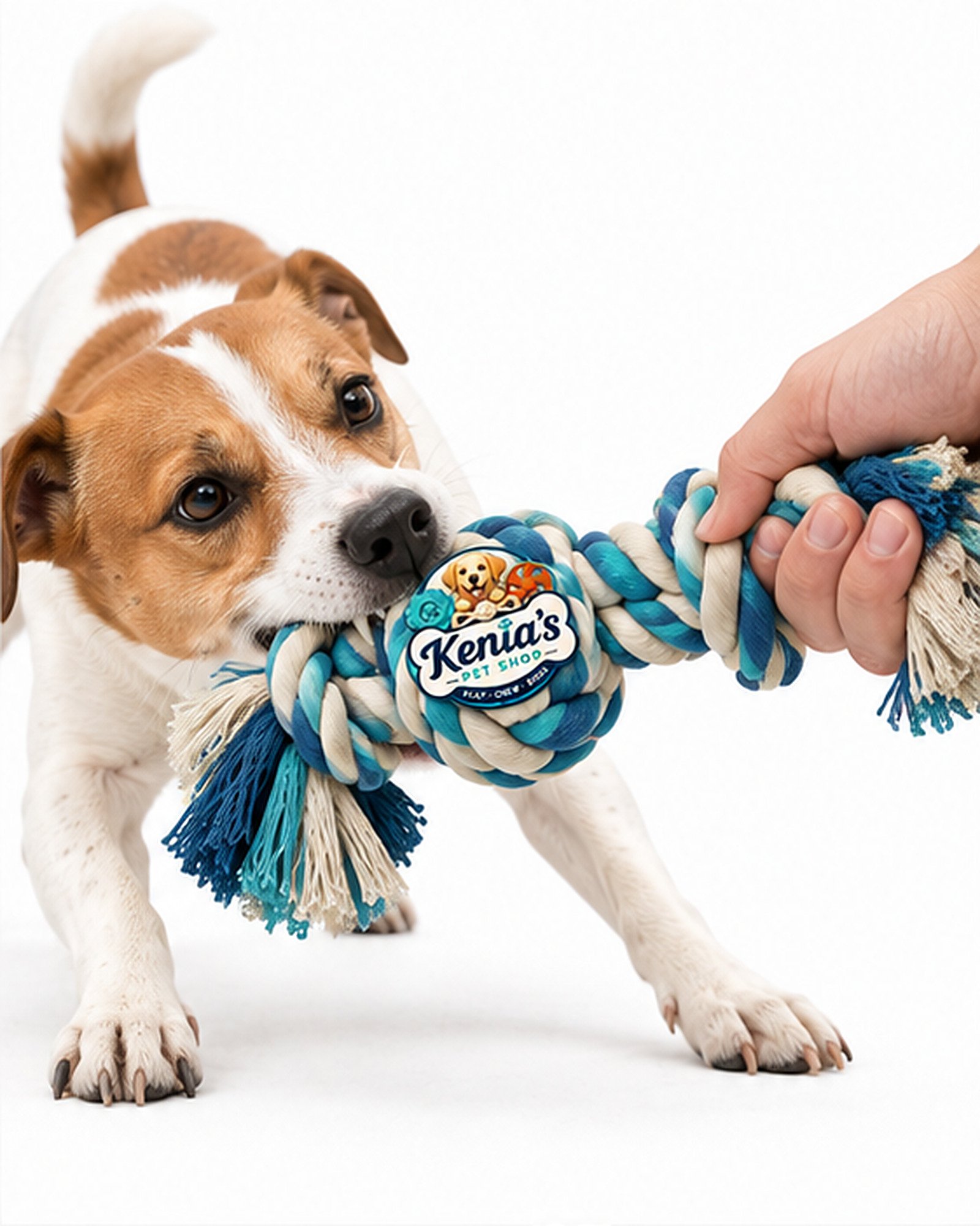 Kenia’s Pet Shop Dog Rope Tug Toy with Knotted Ball - Blue and Cream - Image 6