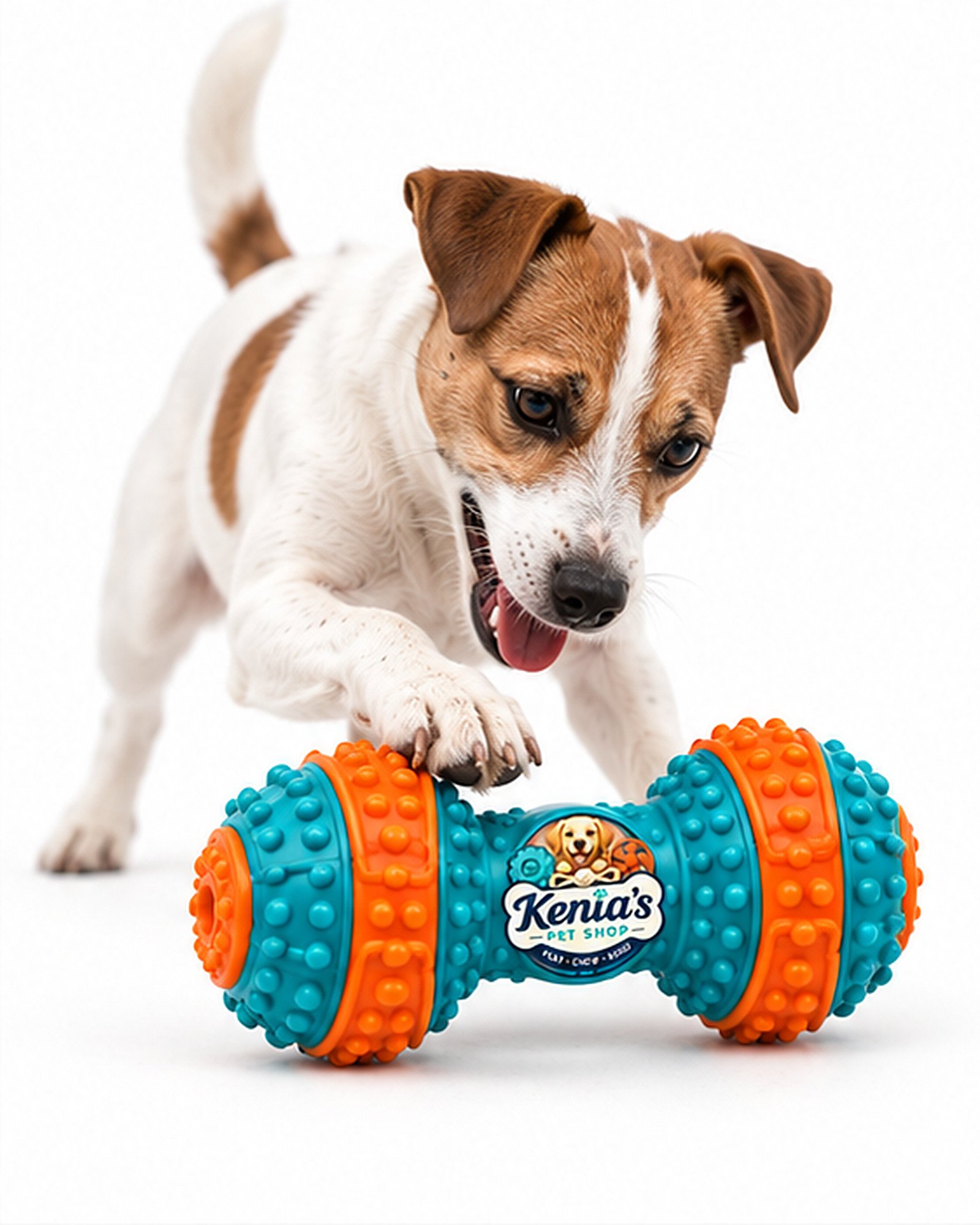 Kenia’s Pet Shop Textured Dumbbell Dog Chew Toy - Teal and Orange - Image 6