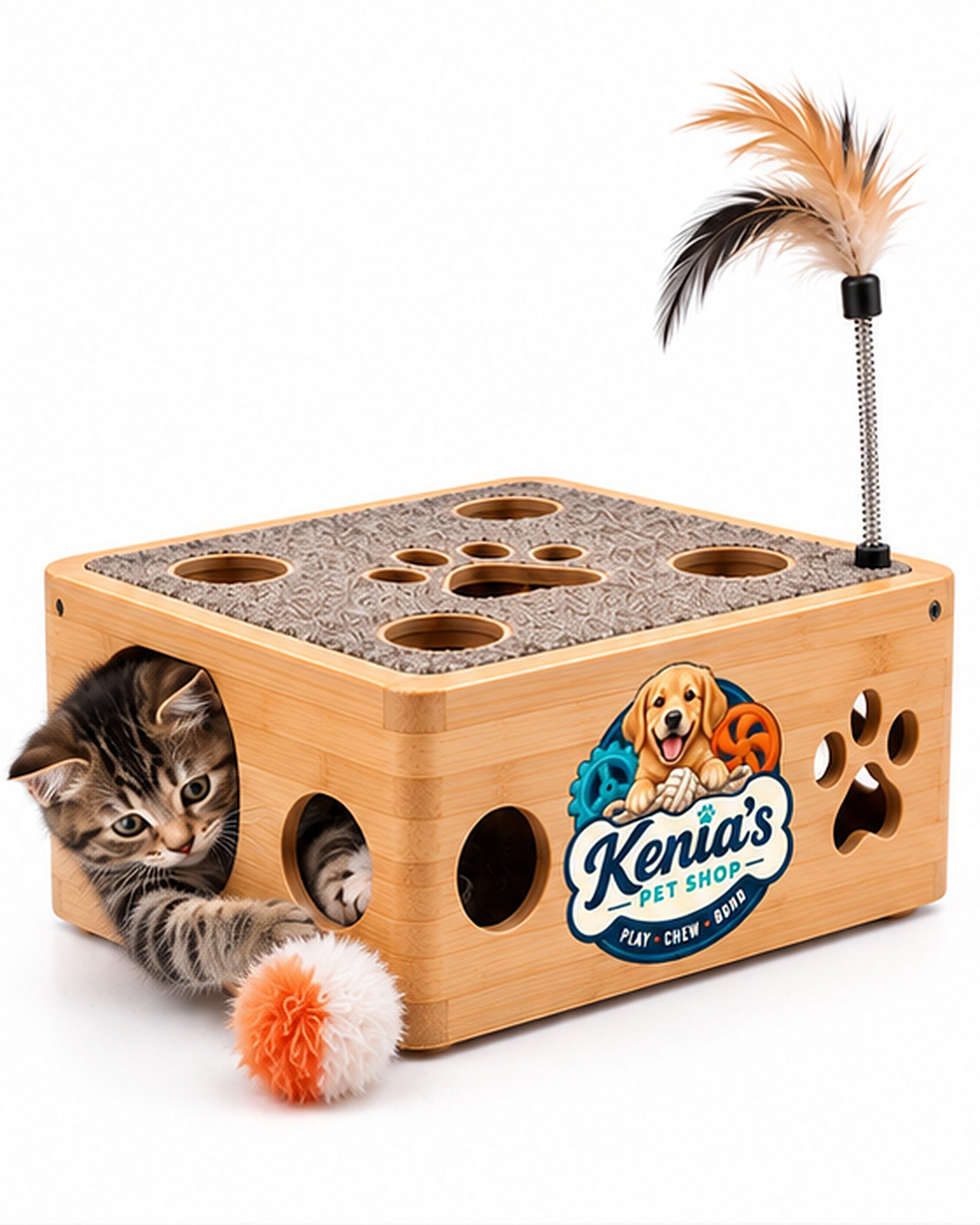 Kenia’s Pet Shop Interactive Cat Play Box with Feather Teaser - Natural Wood Tone - Image 6