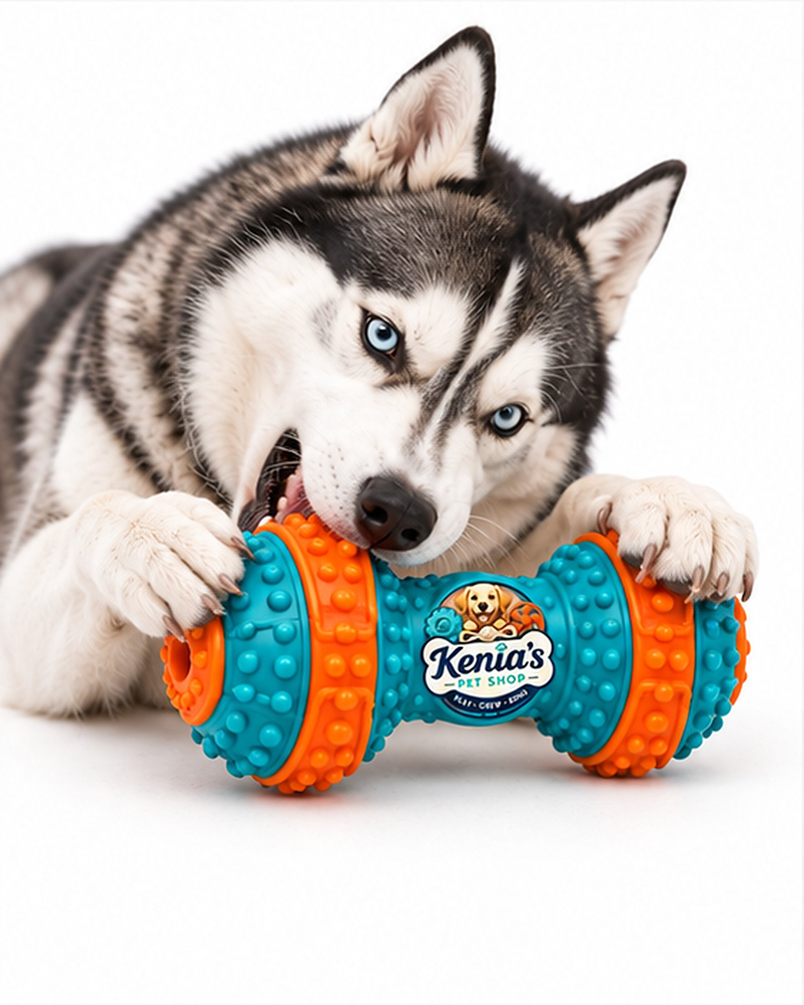 Kenia’s Pet Shop Textured Dumbbell Dog Chew Toy - Teal and Orange - Image 7