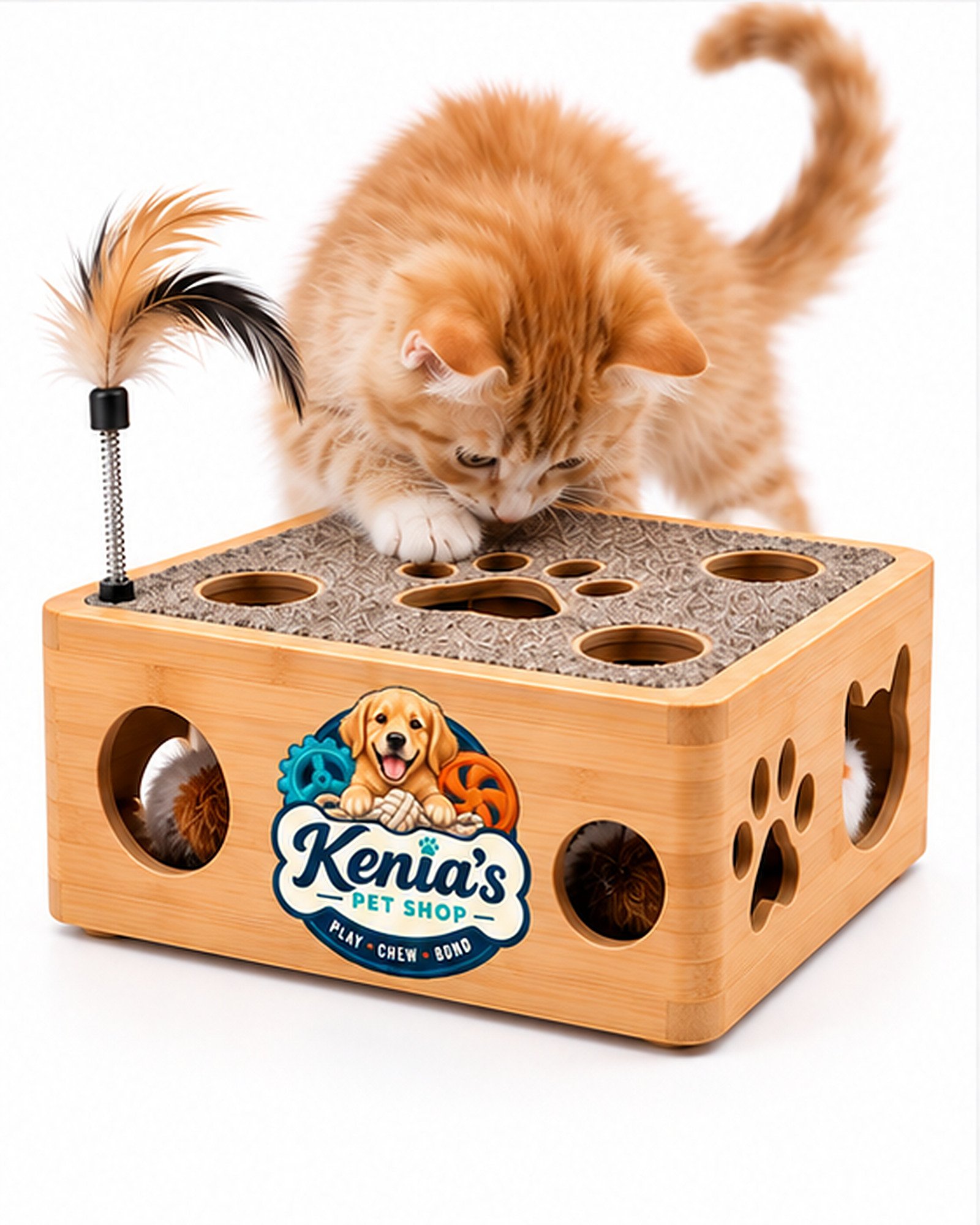 Kenia’s Pet Shop Interactive Cat Play Box with Feather Teaser - Natural Wood Tone - Image 7