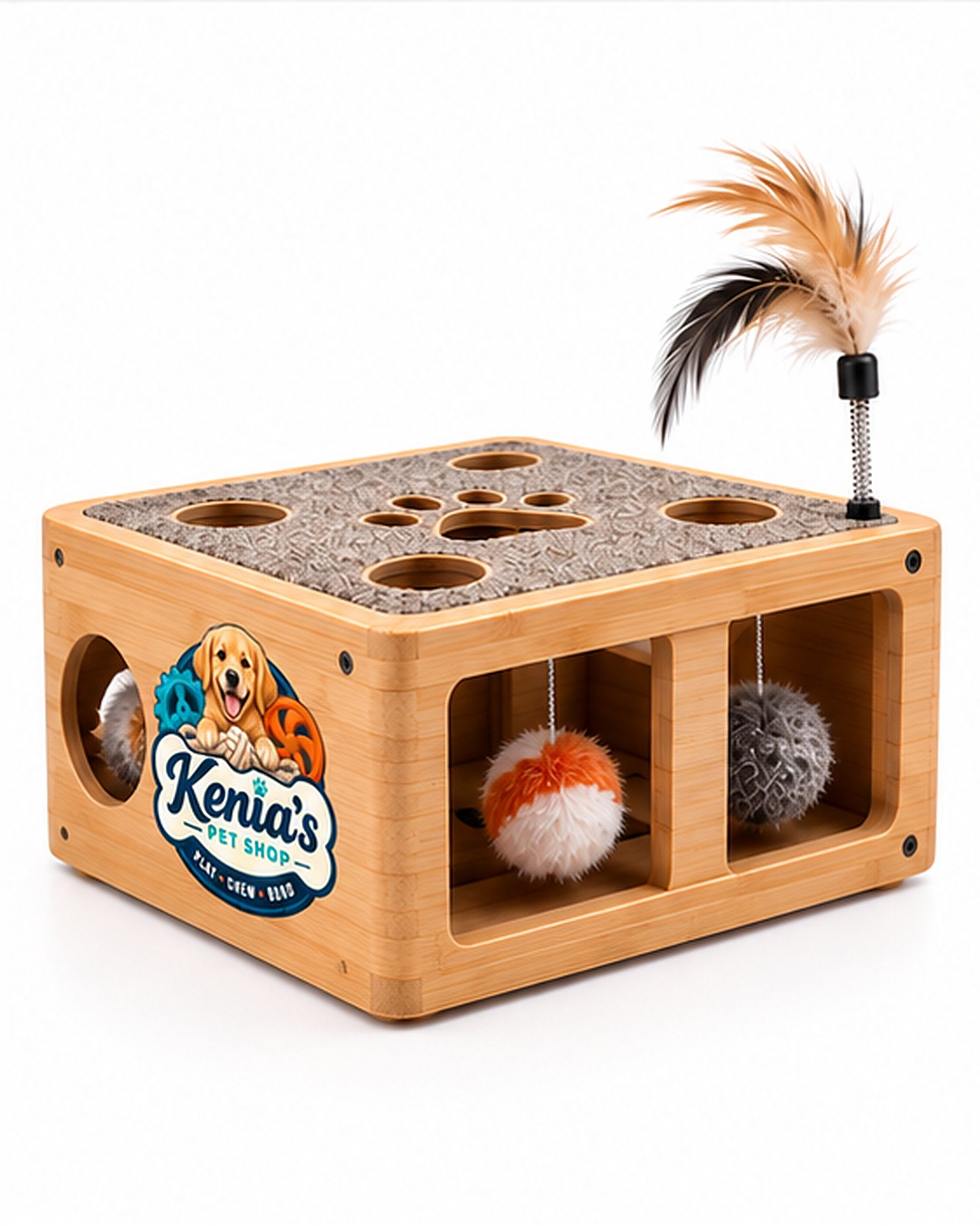 Kenia’s Pet Shop Interactive Cat Play Box with Feather Teaser - Natural Wood Tone - Image 8